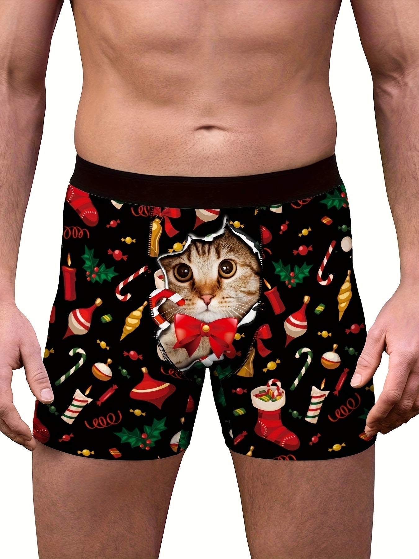 Kerstboxer Heren Kattenprint Wit Rood Grappig - Mode Vibes