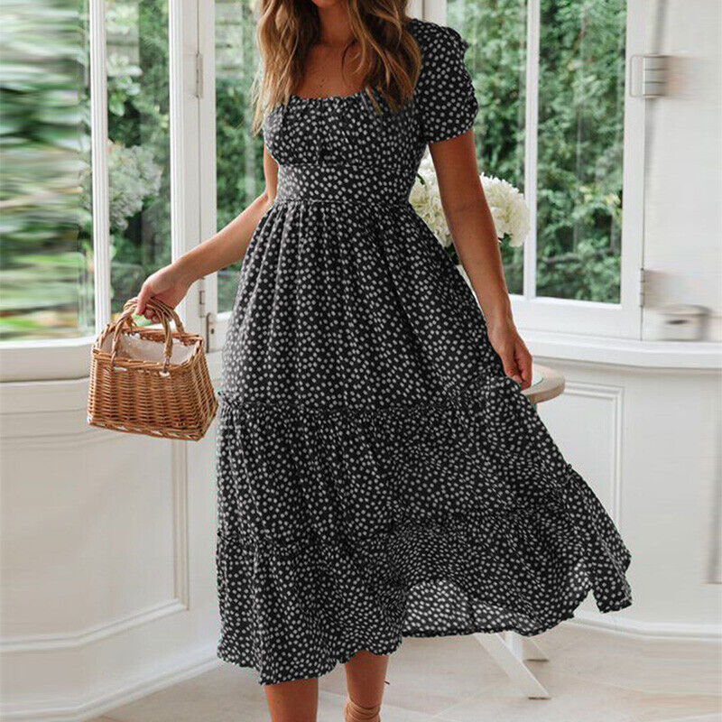 Maxi Jurk Vierkante Kraag Casual Zomerjurk voor Vrouw