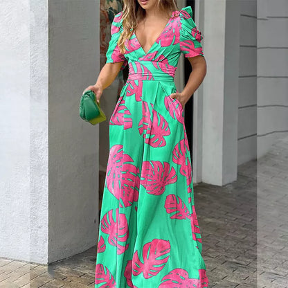 Jumpsuit V-hals Jurk met Bloemenprint - Mode Vibes