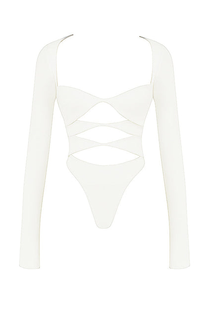 Witte Crop Top Lange Mouw voor Vrouw Met Uitsnijding