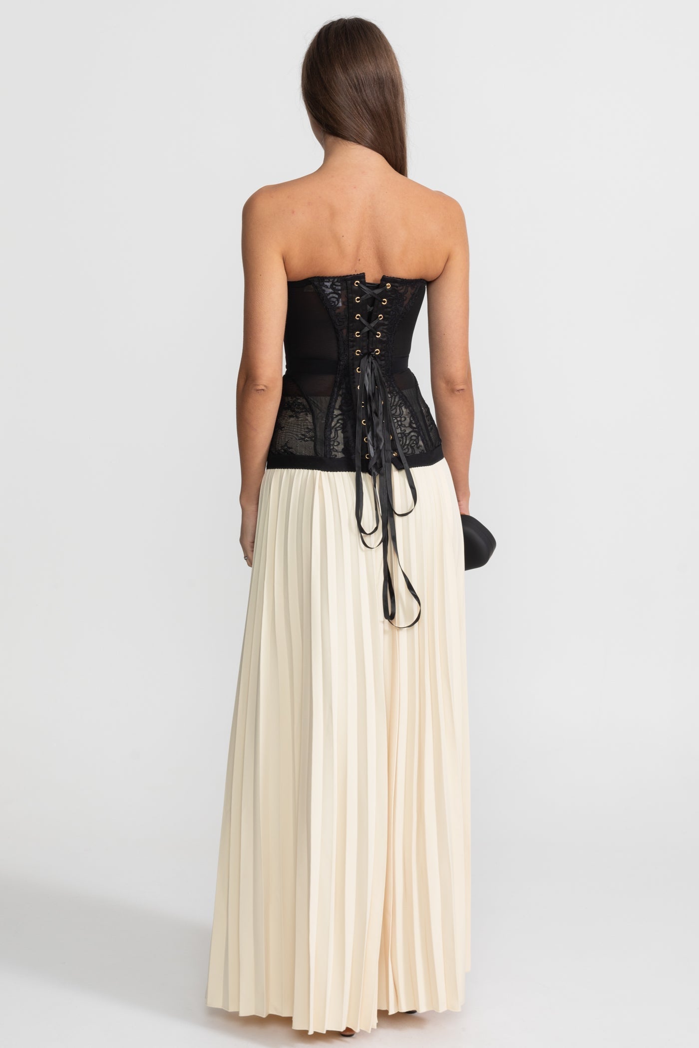 Bandeau Kanten Corset Top met Beugels en Voorzijde Sluiting – Zwart