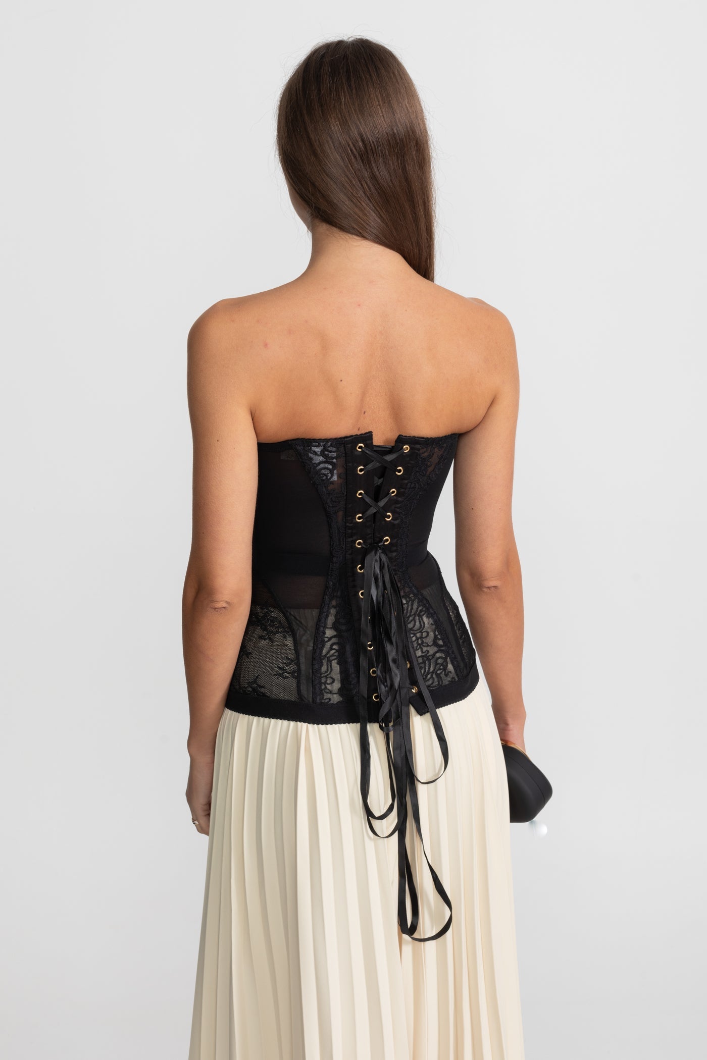 Bandeau Kanten Corset Top met Beugels en Voorzijde Sluiting – Zwart