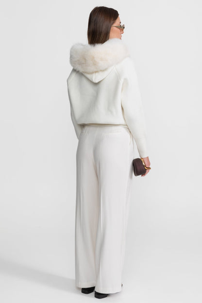 Dames Wollen Hoodie met Rits en Bontkraag – Ivoor