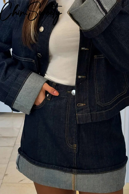 Dames Denim Set - Cropped Jeansjasje en High Waist Minirok