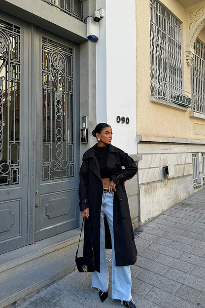 Zwarte Trenchcoat Klassiek Design Lange Jas voor Dames - Mode Vibes
