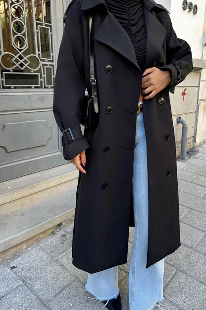Zwarte Trenchcoat Klassiek Design Lange Jas voor Dames