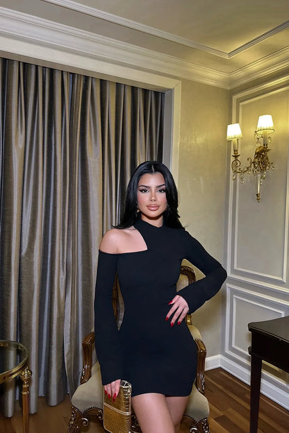 Zwart Minikleed Asymmetrisch Bodycon Jurk met Een Schouder - Mode Vibes
