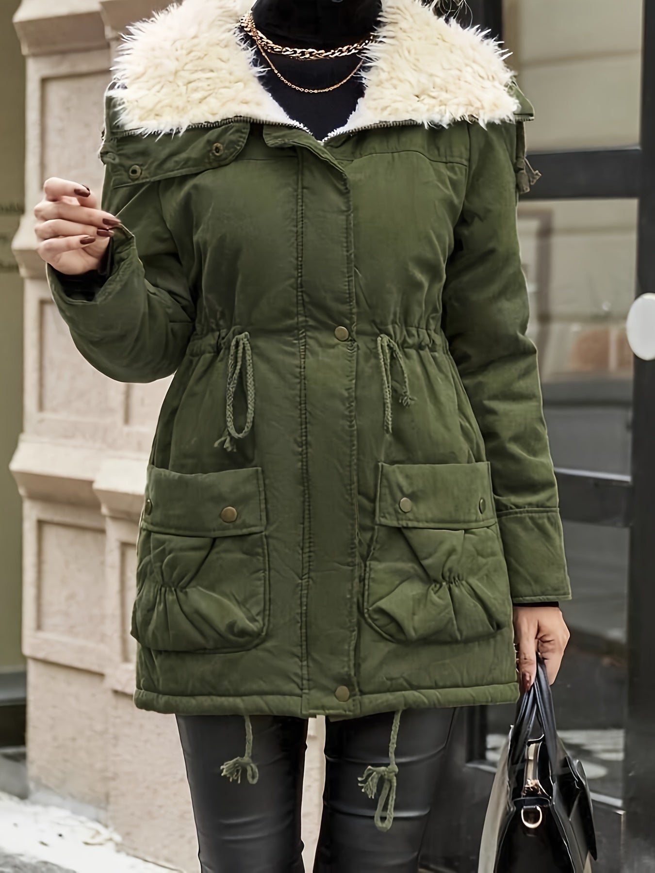 Warme Imitatiebont Jas met Rits en Trekkoord Taille - Mode Vibes