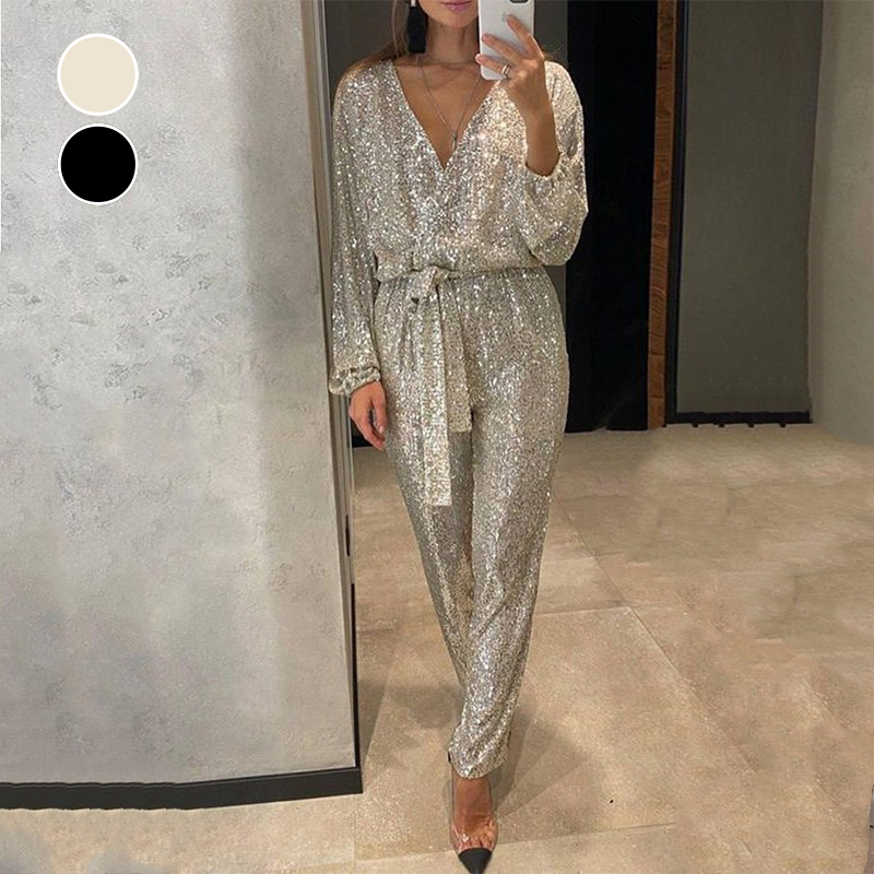 Glitter Jumpsuit V-hals Elegante Jurk voor Vrouw - Mode Vibes