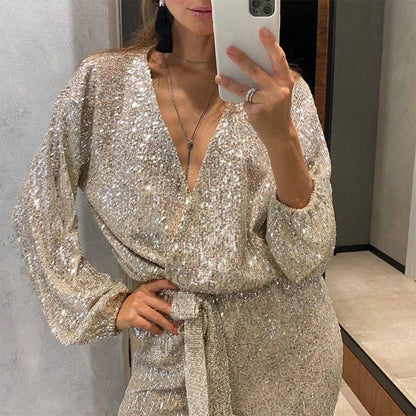 Glitter Jumpsuit V-hals Elegante Jurk voor Vrouw