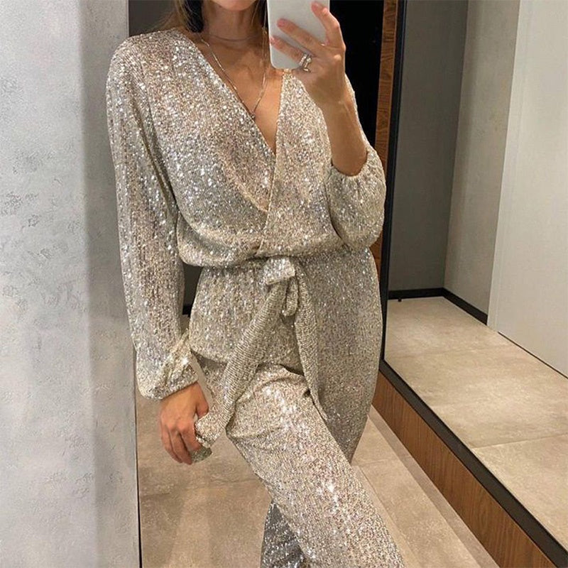 Glitter Jumpsuit V-hals Elegante Jurk voor Vrouw