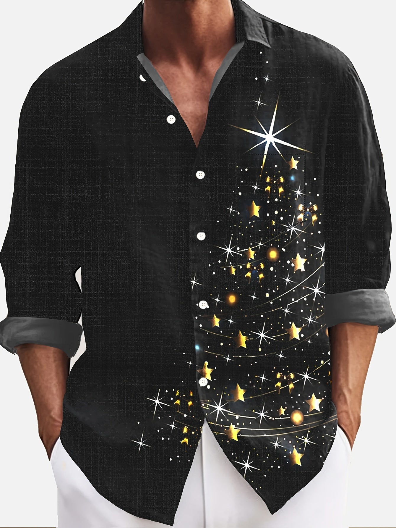 Kerstman Overhemd Lange Mouw Glanzend Kerstboom Print - Mode Vibes
