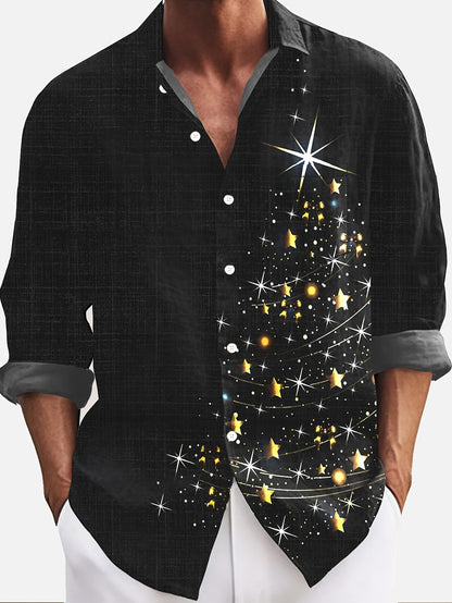 Kerstman Overhemd Lange Mouw Glanzend Kerstboom Print - Mode Vibes