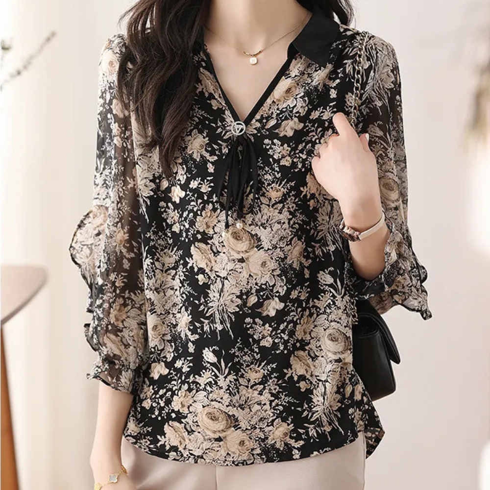 Dames Blouse met Kraag Bloemige Print Zwart - Mode Vibes