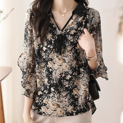 Dames Blouse met Kraag Bloemige Print Zwart - Mode Vibes