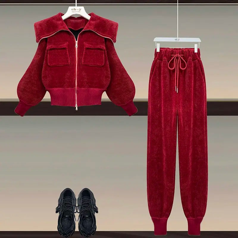 Hoge Taille Corduroy Broek Set met Polo Shirt
