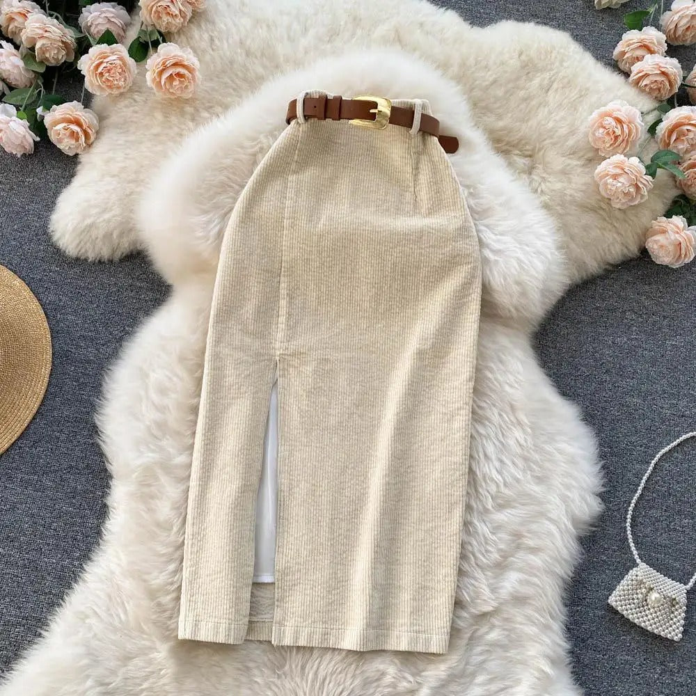 Corduroy Rok Hoge Taille met Zijsplit Zwart - Mode Vibes