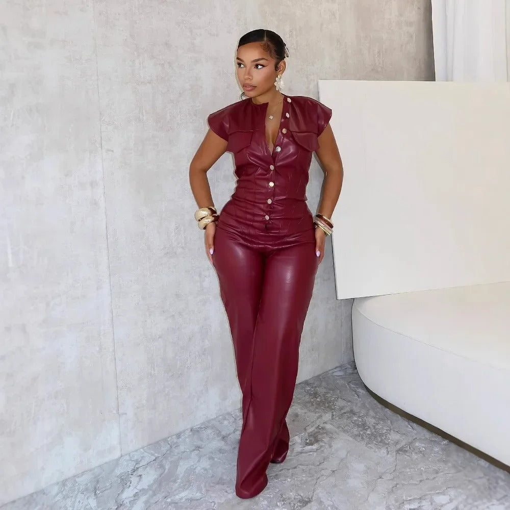 Mouwloze Jumpsuit Imitatie Leer Jurk - Mode Vibes
