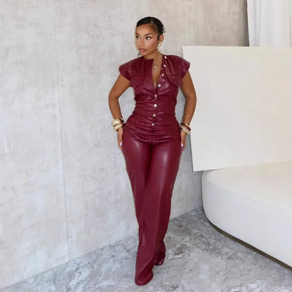Mouwloze Jumpsuit Imitatie Leer Jurk - Mode Vibes