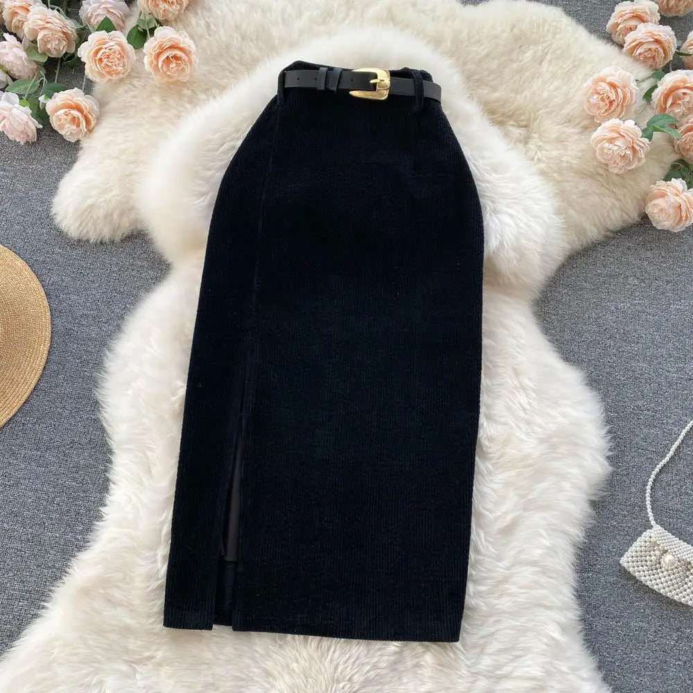 Corduroy Rok Hoge Taille met Zijsplit Zwart