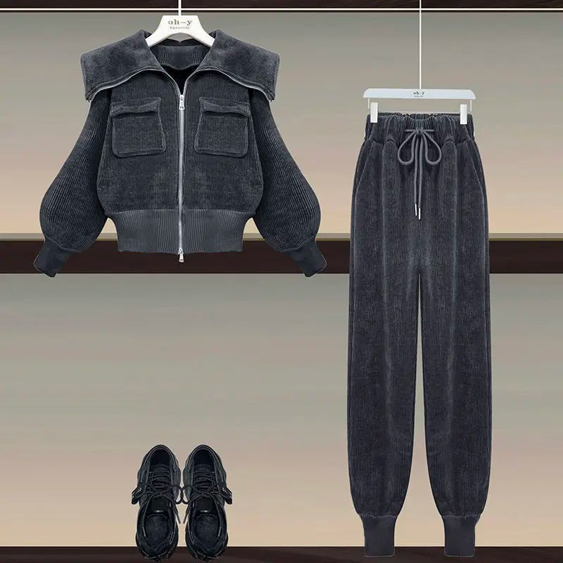 Hoge Taille Corduroy Broek Set met Polo Shirt