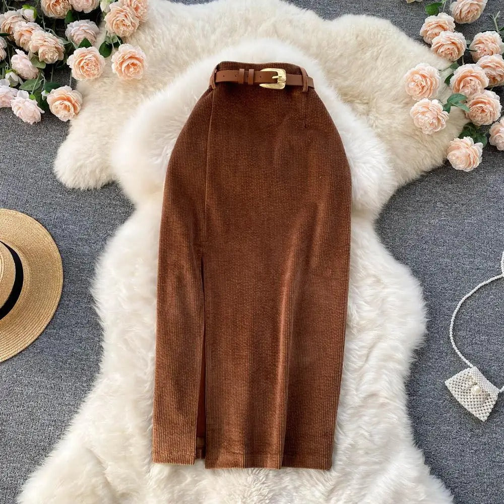 Corduroy Rok Hoge Taille met Zijsplit Zwart