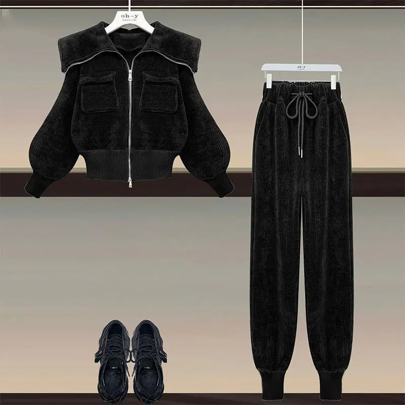 Hoge Taille Corduroy Broek Set met Polo Shirt - Mode Vibes