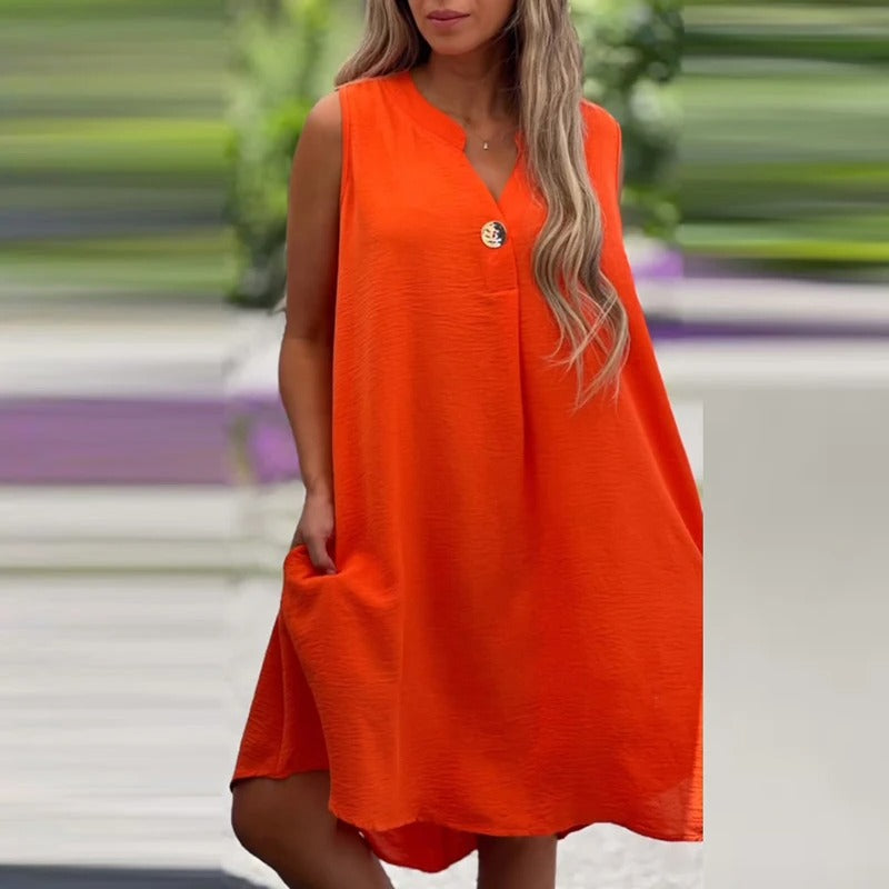 Mouwloze Midi Jurk V Hals Zomerjurk voor Vrouw - Mode Vibes
