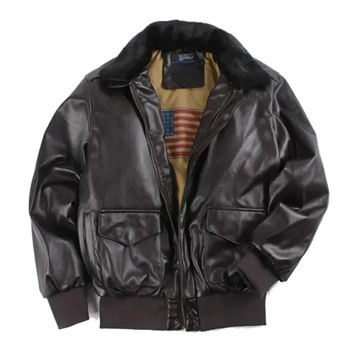 Vintage bomberjack voor heren – Imitatieleren jas met shearling kraag en Amerikaanse voering