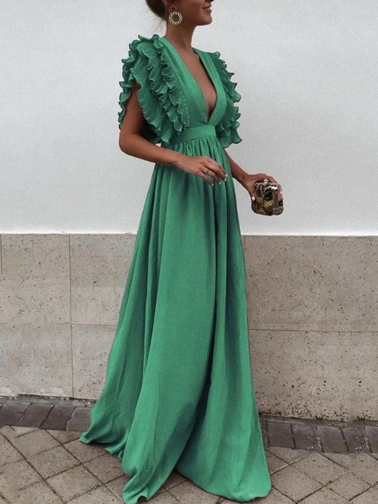 EleganteJurk met V-hals en Franje Mouwen - Mode Vibes