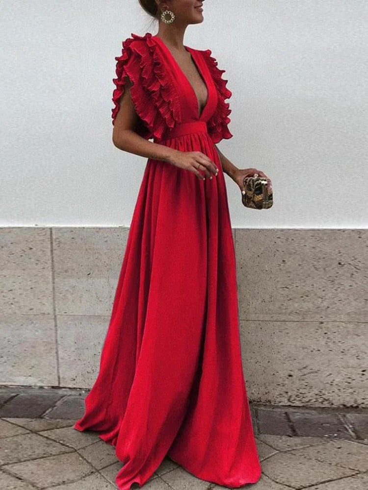 EleganteJurk met V-hals en Franje Mouwen