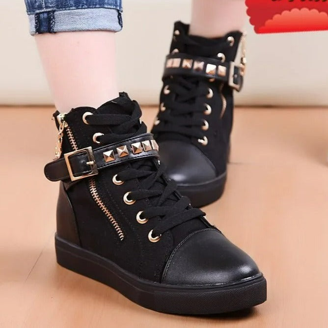 VELANORA dames hoge leren sneakers met metalen decor gesp