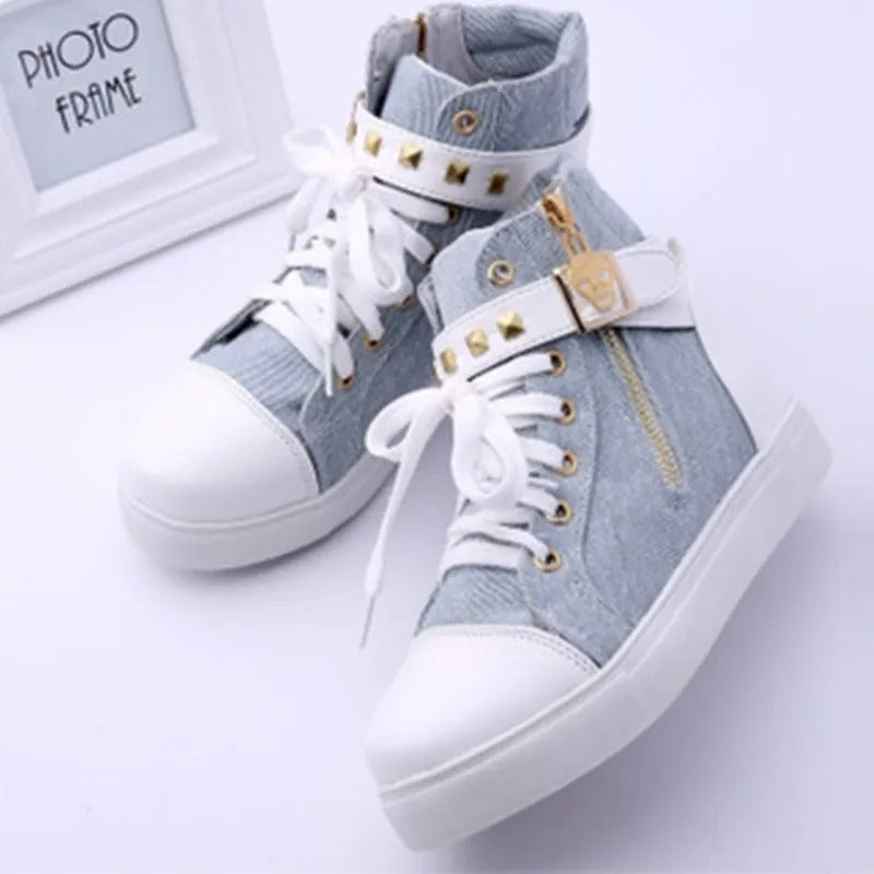 VELANORA dames hoge leren sneakers met metalen decor gesp
