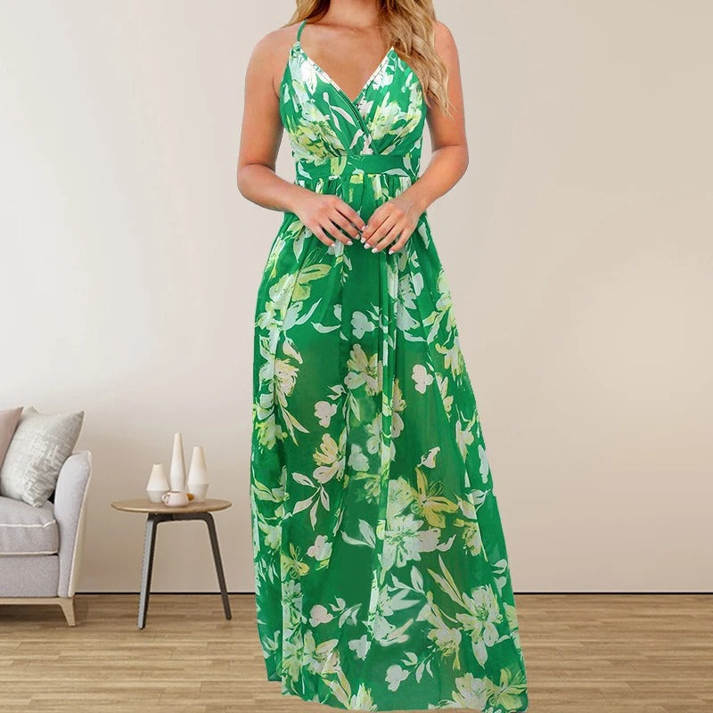 Lange Jurk Meerkleurige Print Vrouwelijke Zomerjurk