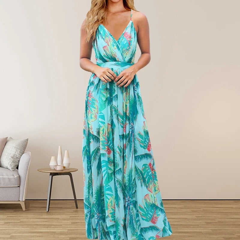 Lange Jurk Meerkleurige Print Vrouwelijke Zomerjurk