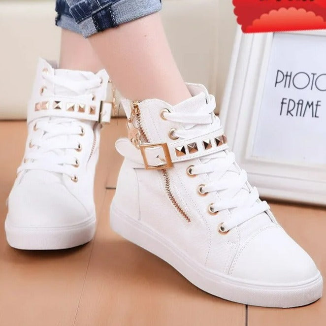 VELANORA dames hoge leren sneakers met metalen decor gesp