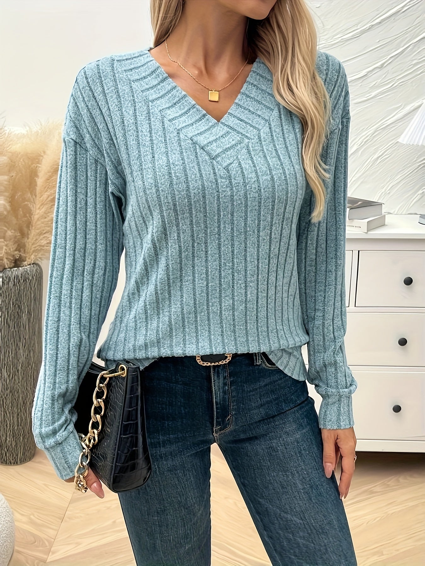 V-hals T-shirt Lange Mouw Effen Kleur Dame - Mode Vibes