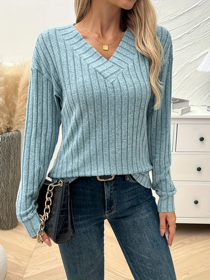 V-hals T-shirt Lange Mouw Effen Kleur Dame - Mode Vibes
