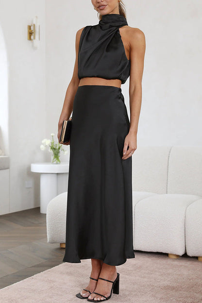 Satijnen Two-Piece Set met Haltertop en Maxi Rok