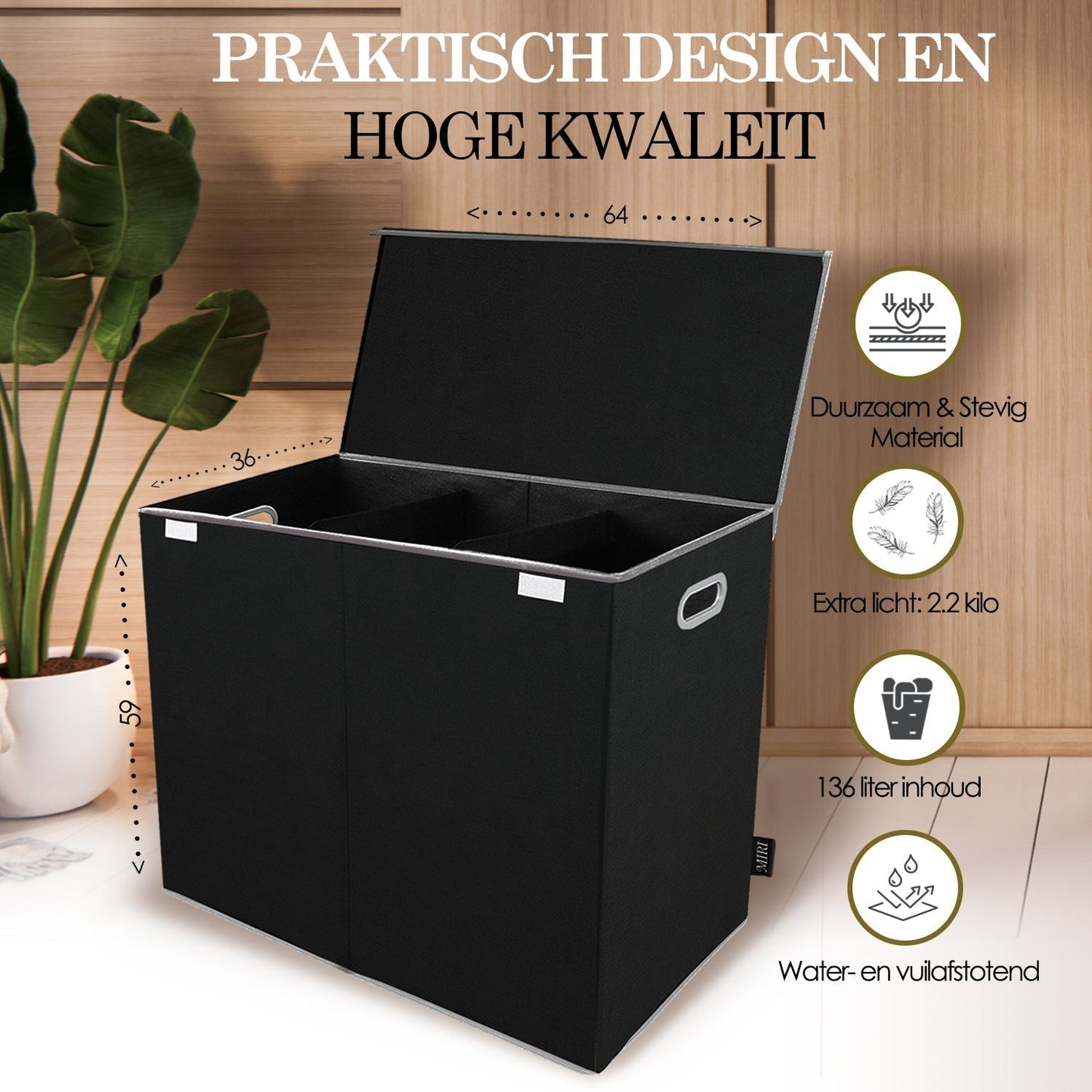 Wasmand met Deksel 3 Vaks Opbergen en Sorteren
