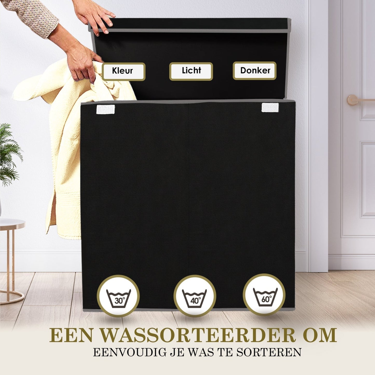 Wasmand met Deksel 3 Vaks Opbergen en Sorteren