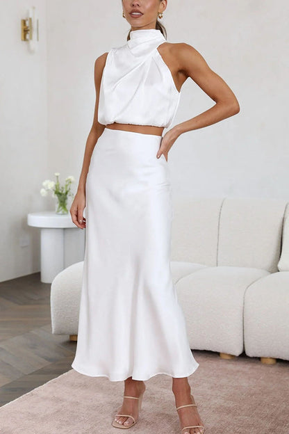Satijnen Two-Piece Set met Haltertop en Maxi Rok