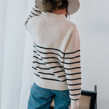 Trendy Gestreepte Kwart Zip Sweater - Fijne Stof & Stijlvol Design