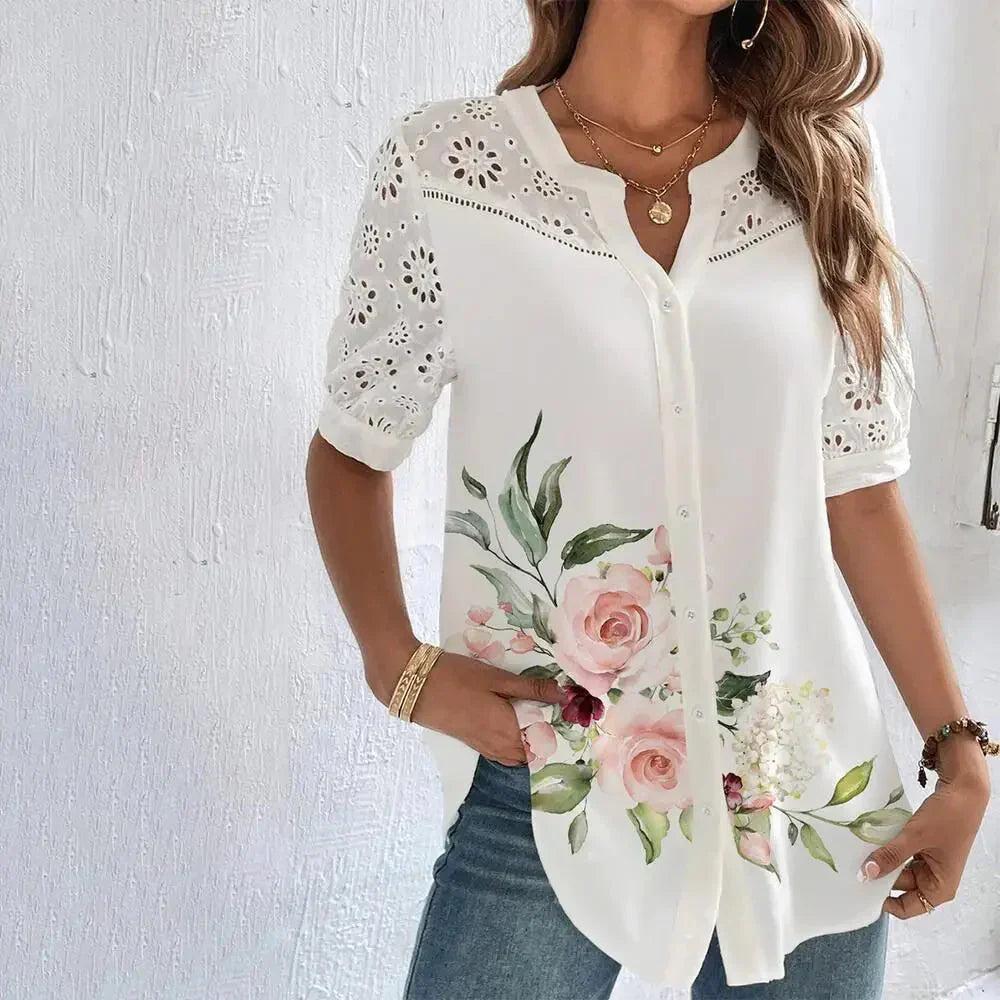 Vrouwelijke Blouse Kortemouwen Kanten Details