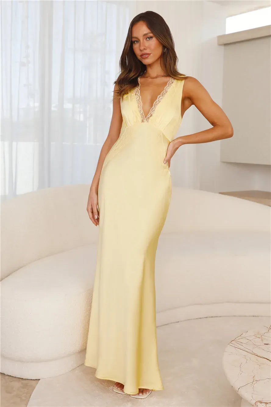 Maxi Jurk V-Hals Glanzend Satijnen Look