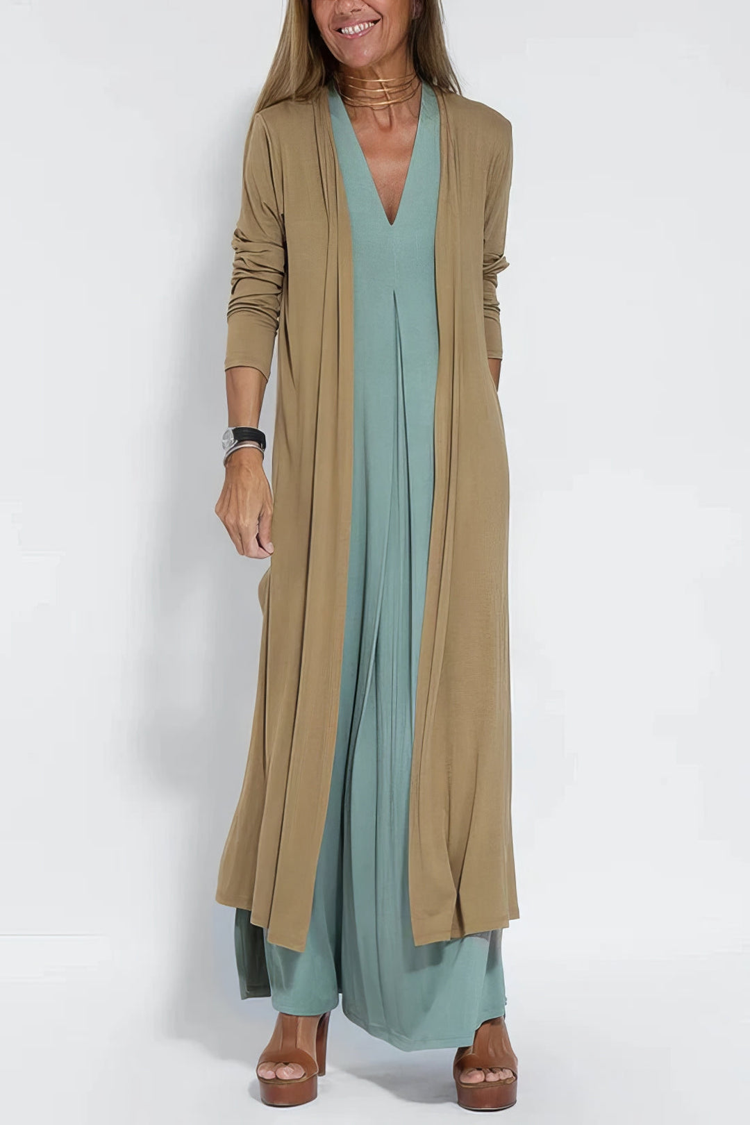Ava – Elegante lange jurk met cardigan set